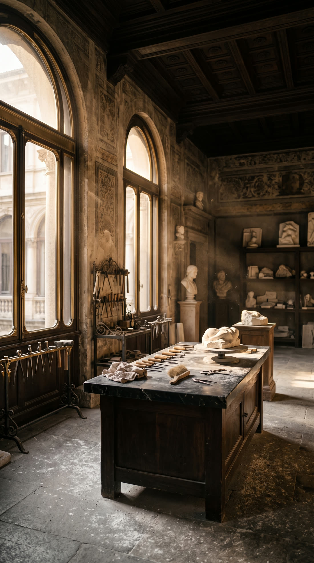 L'atelier nel palazzo storico: il banco di lavoro in marmo tra finestre ad arco
