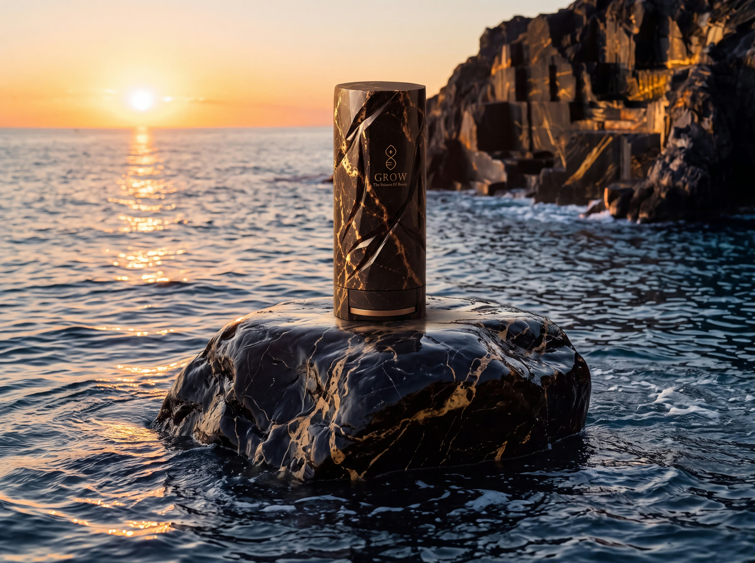 Il monolite GROW in marmo Portoro nero posato su uno scoglio, nel mare al tramonto